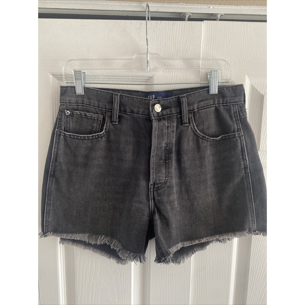 Gap High Rise Denim Shorts Womens Size 6 Black Raw Hem Frayed Faded Cotton